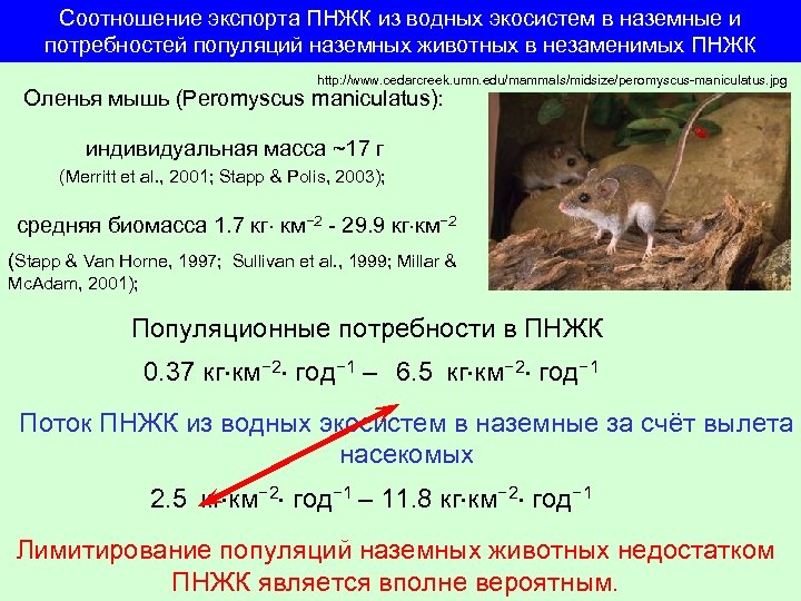 Соотношение экспорта ПНЖК из водных экосистем в наземные и потребностей популяций наземных животных в