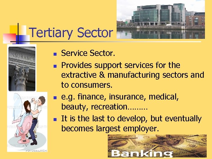 Tertiary Sector n n Service Sector. Provides support services for the extractive & manufacturing