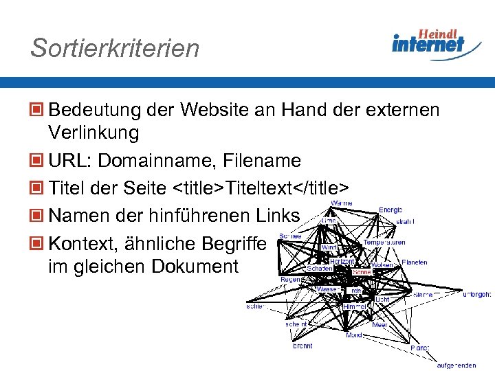 Sortierkriterien Bedeutung der Website an Hand der externen Verlinkung URL: Domainname, Filename Titel der