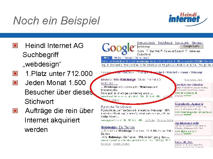 Noch ein Beispiel Heindl Internet AG Suchbegriff „webdesign“ 1. Platz unter 712. 000 Jeden