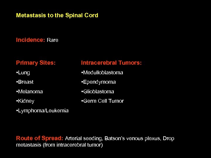 Metastasis to the Spinal Cord Incidence: Rare Primary Sites: Intracerebral Tumors: • Lung •
