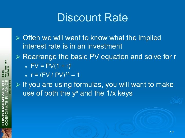 Discount Rate Often we will want to know what the implied interest rate is