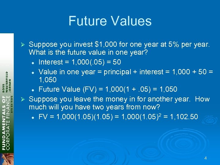 Future Values Suppose you invest $1, 000 for one year at 5% per year.