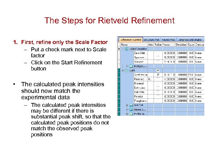 The Steps for Rietveld Refinement 1. First, refine only the Scale Factor – Put