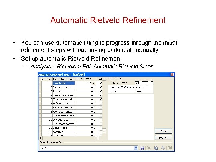 Automatic Rietveld Refinement • You can use automatic fitting to progress through the initial