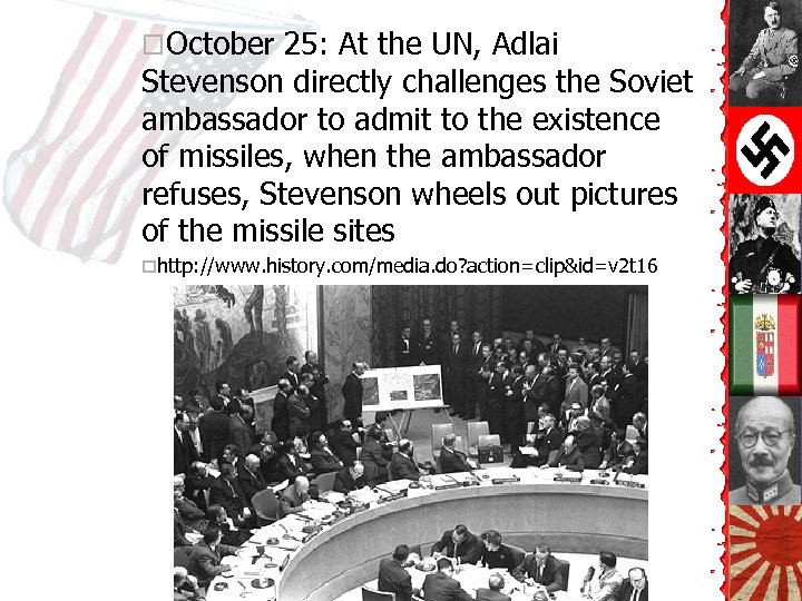 o. October 25: At the UN, Adlai Stevenson directly challenges the Soviet ambassador to