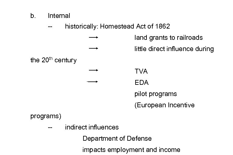 b. Internal -- historically: Homestead Act of 1862 land grants to railroads little direct