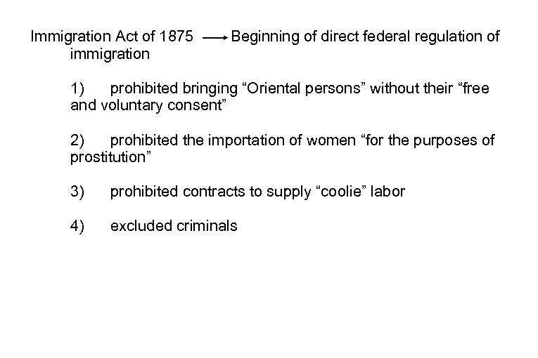 Immigration Act of 1875 immigration Beginning of direct federal regulation of 1) prohibited bringing