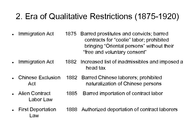 2. Era of Qualitative Restrictions (1875 -1920) Immigration Act 1875 Barred prostitutes and convicts;