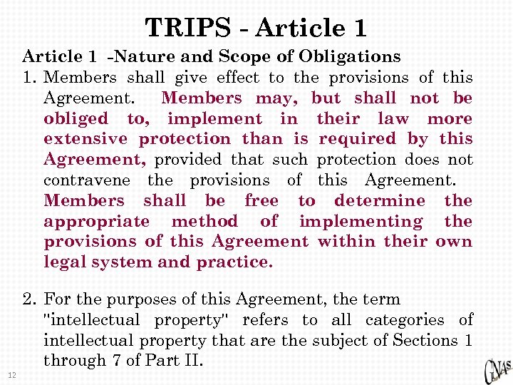 TRIPS - Article 1 -Nature and Scope of Obligations 1. Members shall give effect