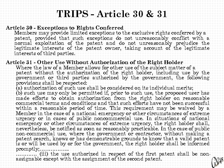 TRIPS - Article 30 & 31 Article 30 - Exceptions to Rights Conferred Members