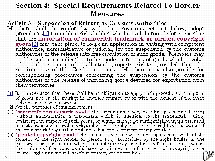 Section 4: Special Requirements Related To Border Measures Article 51 - Suspension of Release