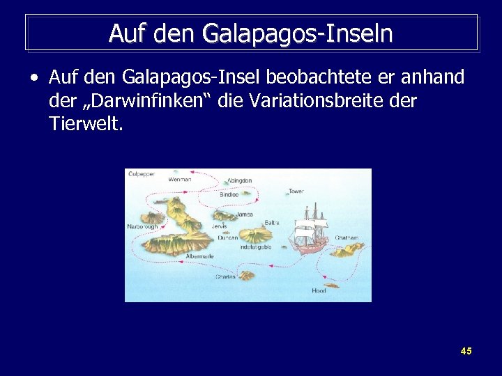 Auf den Galapagos-Inseln • Auf den Galapagos-Insel beobachtete er anhand der „Darwinfinken“ die Variationsbreite