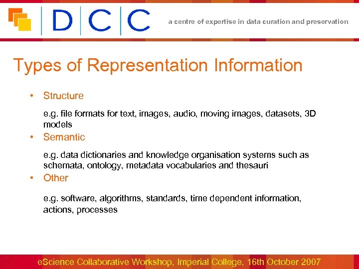 a centre of expertise in data curation and preservation Types of Representation Information •