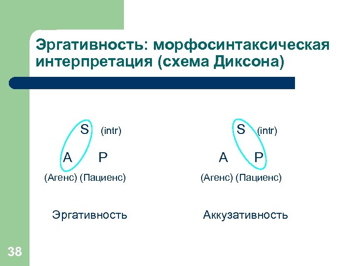 Эргативность: морфосинтаксическая интерпретация (схема Диксона) S A P (Агенс) (Пациенс) Эргативность 38 S (intr)