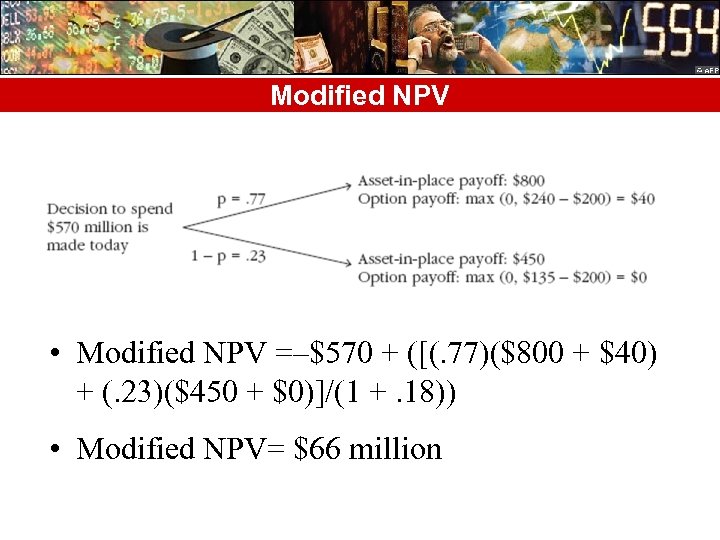 Modified NPV • Modified NPV =–$570 + ([(. 77)($800 + $40) + (. 23)($450