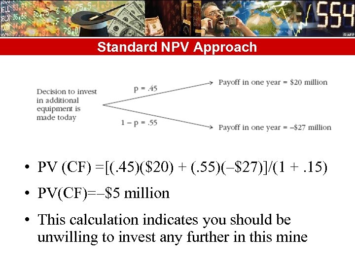 Standard NPV Approach • PV (CF) =[(. 45)($20) + (. 55)(–$27)]/(1 +. 15) •
