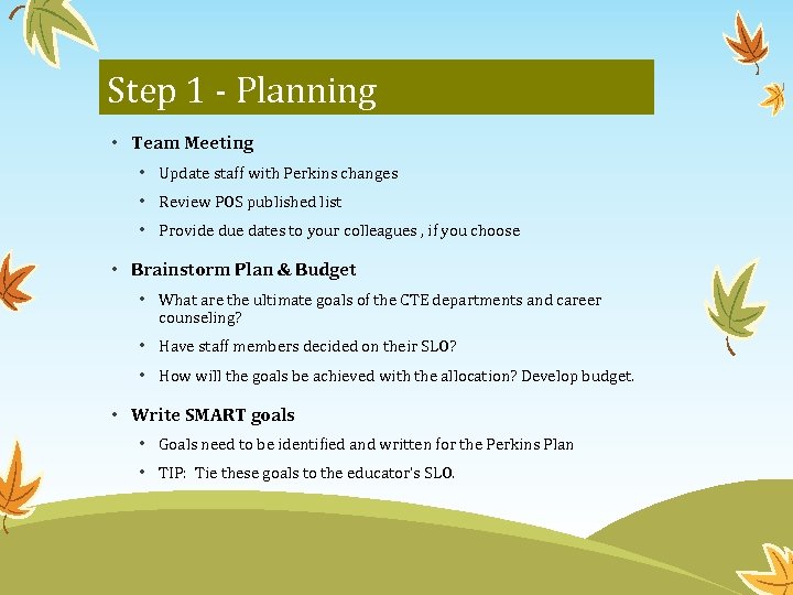 Step 1 - Planning • Team Meeting • Update staff with Perkins changes •