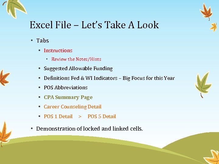 Excel File – Let’s Take A Look • Tabs • Instructions • Review the
