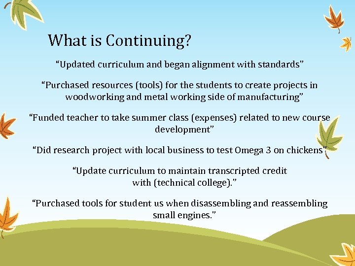 What is Continuing? “Updated curriculum and began alignment with standards” “Purchased resources (tools) for