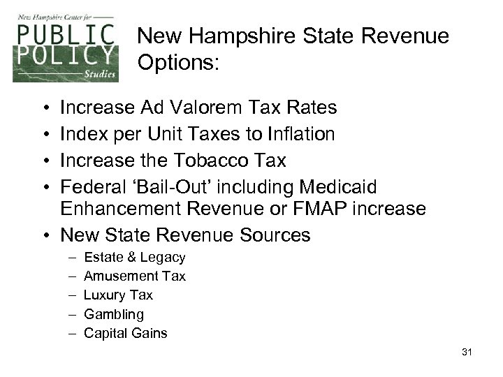 New Hampshire State Revenue Options: • • Increase Ad Valorem Tax Rates Index per