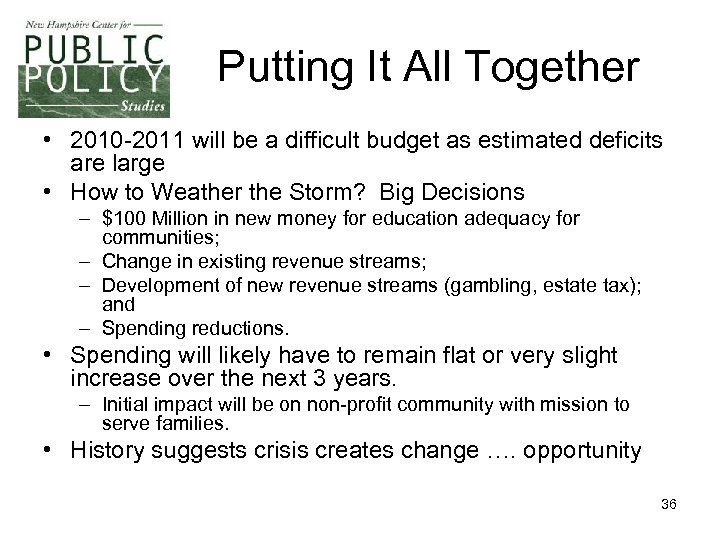 Putting It All Together • 2010 -2011 will be a difficult budget as estimated