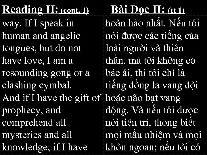 Reading II: (cont. 1) way. If I speak in human and angelic tongues, but