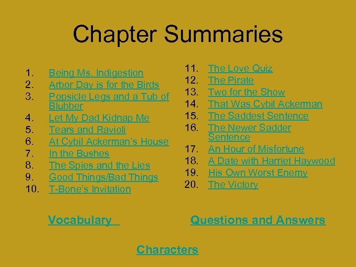 Chapter Summaries 1. 2. 3. Being Ms. Indigestion Arbor Day is for the Birds