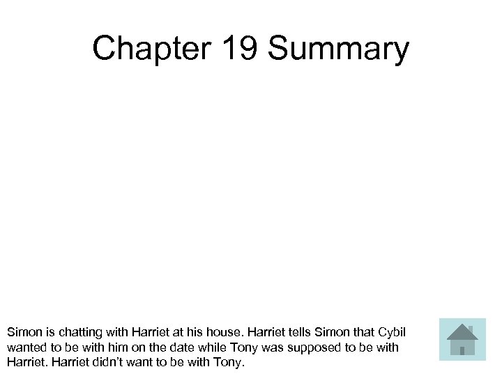 Chapter 19 Summary Simon is chatting with Harriet at his house. Harriet tells Simon