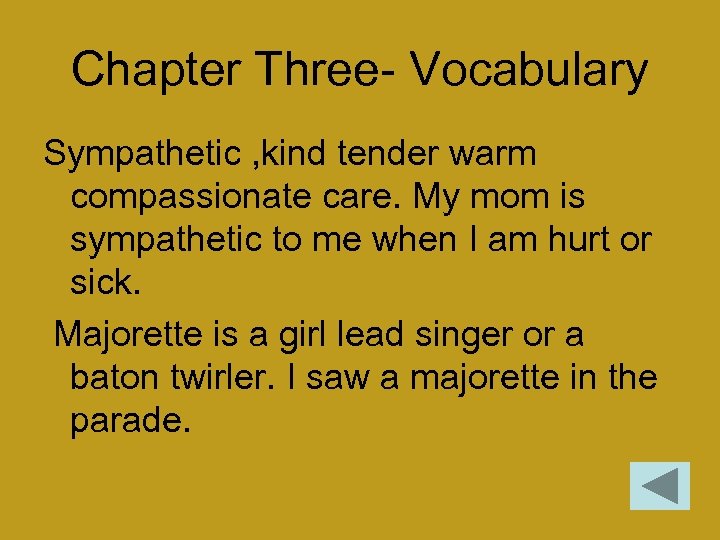 Chapter Three- Vocabulary Sympathetic , kind tender warm compassionate care. My mom is sympathetic