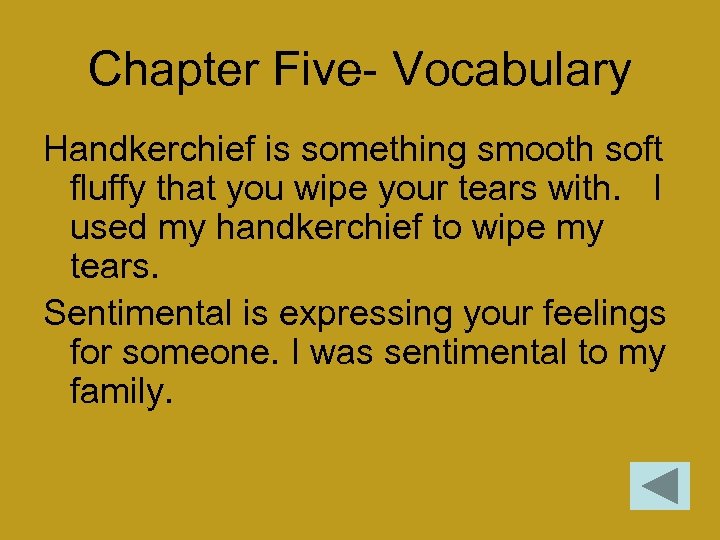 Chapter Five- Vocabulary Handkerchief is something smooth soft fluffy that you wipe your tears