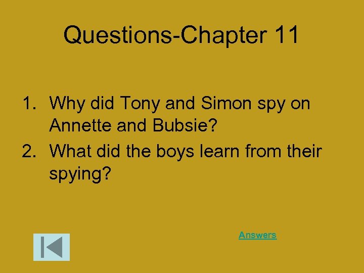 Questions-Chapter 11 1. Why did Tony and Simon spy on Annette and Bubsie? 2.