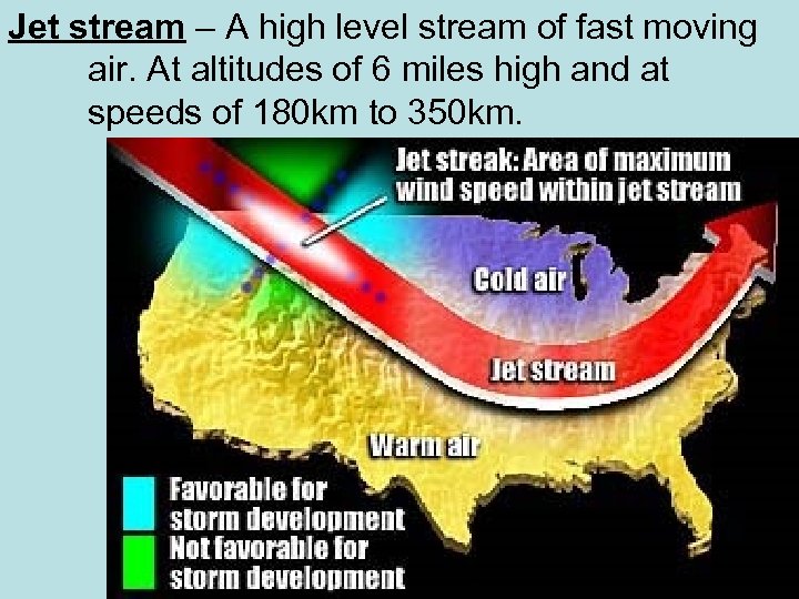 Jet stream – A high level stream of fast moving air. At altitudes of