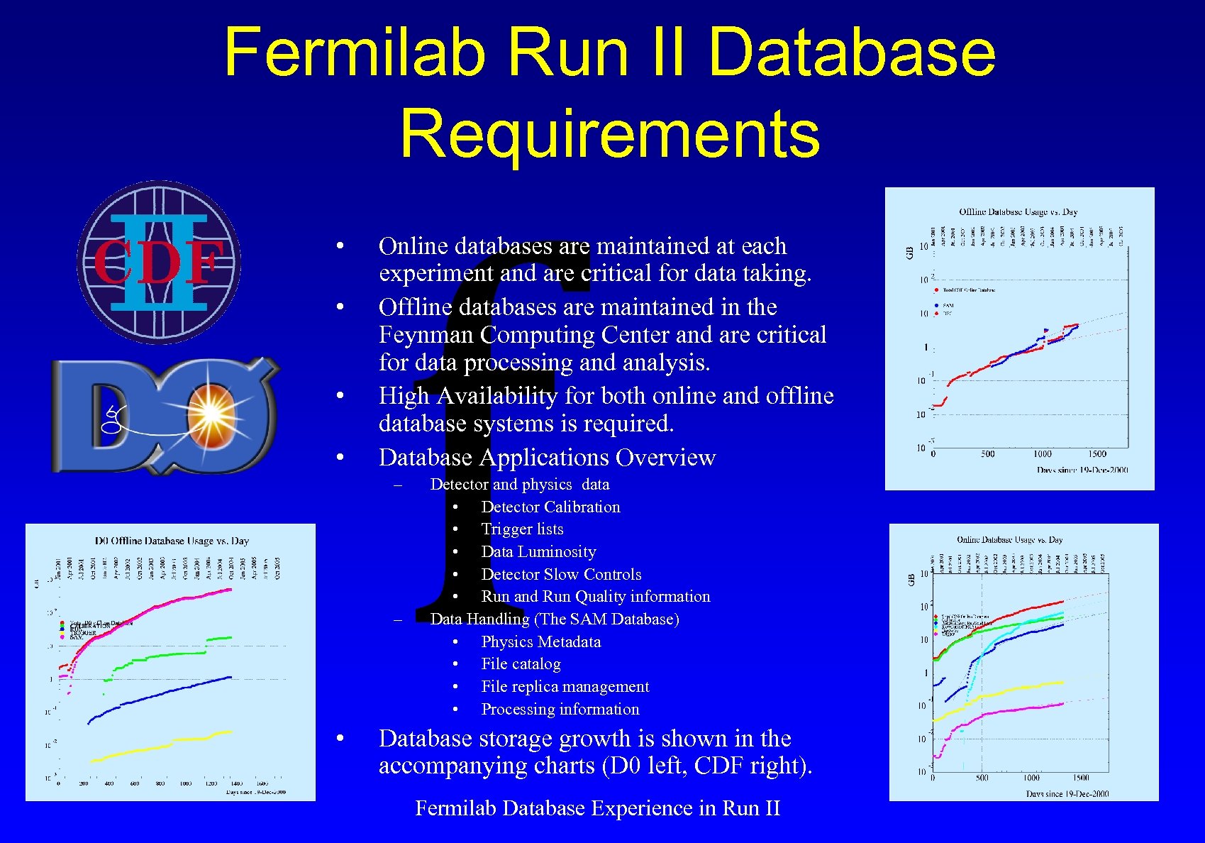 Fermilab Run II Database Requirements • • f Online databases are maintained at each