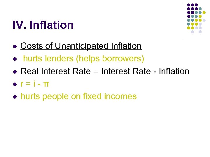 IV. Inflation l l l Costs of Unanticipated Inflation hurts lenders (helps borrowers) Real