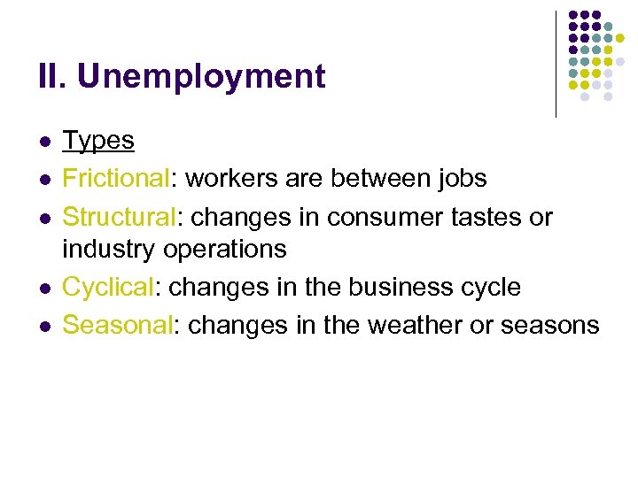 II. Unemployment l l l Types Frictional: workers are between jobs Structural: changes in