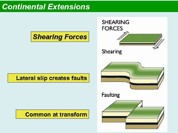 Continental Extensions Shearing Forces Lateral slip creates faults Common at transform 