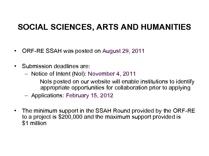 SOCIAL SCIENCES, ARTS AND HUMANITIES • ORF-RE SSAH was posted on August 29, 2011