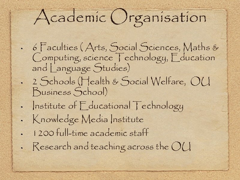 Academic Organisation 6 Faculties ( Arts, Social Sciences, Maths & Computing, science Technology, Education