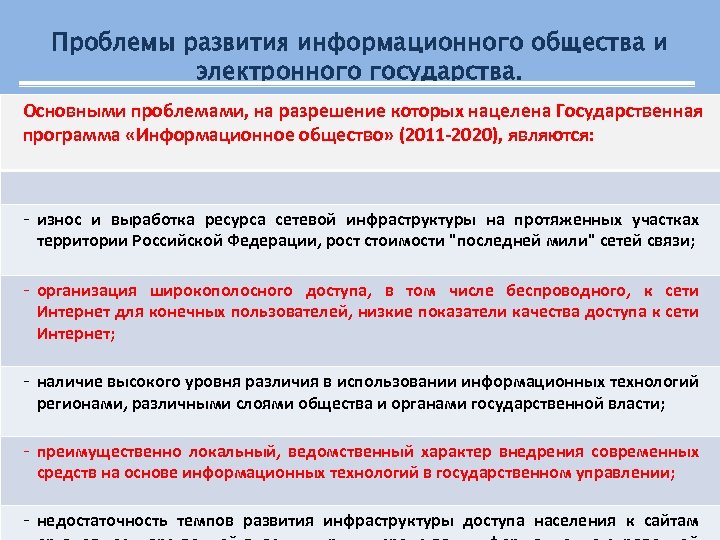 Проблемы развития информационного общества и электронного государства. Основными проблемами, на разрешение которых нацелена Государственная