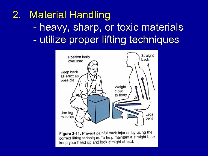 2. Material Handling - heavy, sharp, or toxic materials - utilize proper lifting techniques
