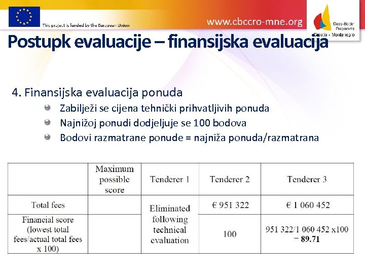 Postupk evaluacije – finansijska evaluacija 4. Finansijska evaluacija ponuda Zabilježi se cijena tehnički prihvatljivih