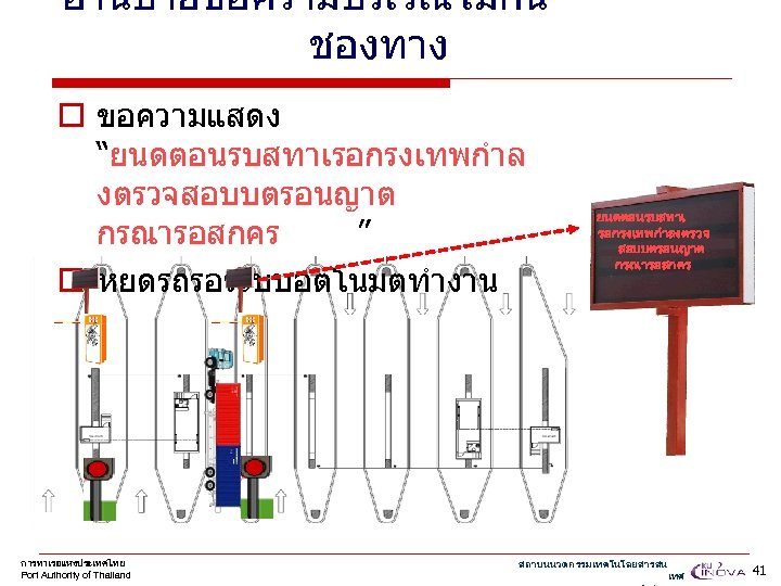 อานปายขอความบรเวณไมกน ชองทาง o ขอความแสดง “ยนดตอนรบสทาเรอกรงเทพกำล งตรวจสอบบตรอนญาต กรณารอสกคร ” o หยดรถรอระบบอตโนมตทำงาน การทาเรอแหงประเทศไทย Port Authority of