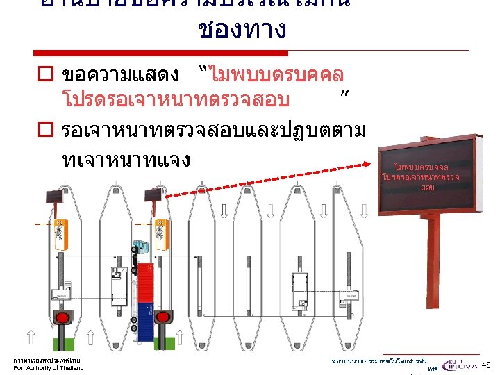 อานปายขอความบรเวณไมกน ชองทาง o ขอความแสดง “ไมพบบตรบคคล โปรดรอเจาหนาทตรวจสอบ ” o รอเจาหนาทตรวจสอบและปฏบตตาม ทเจาหนาทแจง ไมพบบตรบคคล โปรดรอเจาหนาทตรวจ สอบ การทาเรอแหงประเทศไทย