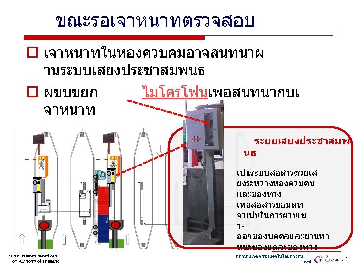 ขณะรอเจาหนาทตรวจสอบ o เจาหนาทในหองควบคมอาจสนทนาผ านระบบเสยงประชาสมพนธ o ผขบขยก ไมโครโฟนเพอสนทนากบเ จาหนาท ระบบเสยงประชาสมพ นธ เปนระบบสอสารดวยเส ยงระหวางหองควบคม และชองทาง เพอสอสารขอมลท