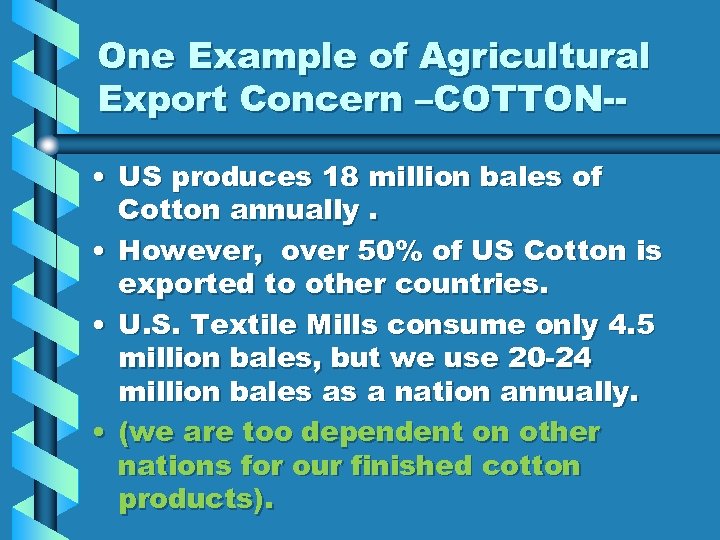 One Example of Agricultural Export Concern –COTTON- • US produces 18 million bales of