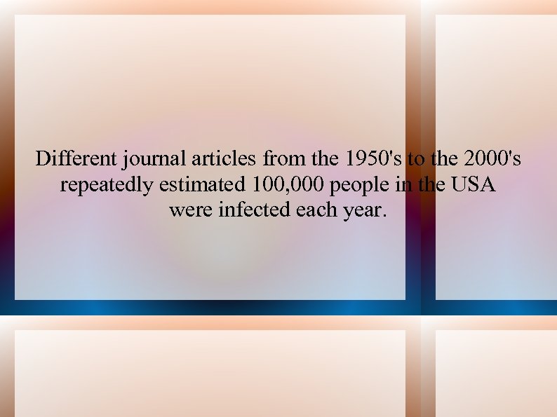 Different journal articles from the 1950's to the 2000's repeatedly estimated 100, 000 people