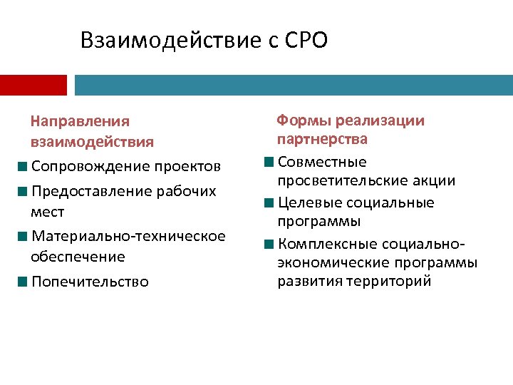Взаимодействие с СРО Направления взаимодействия Сопровождение проектов Предоставление рабочих мест Материально-техническое обеспечение Попечительство Формы