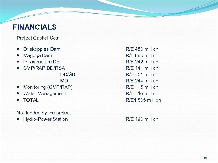 FINANCIALS Project Capital Cost Driekoppies Dam Maguga Dam Infrastructure Def CMP/RAP DD/RSA DD/SD MD