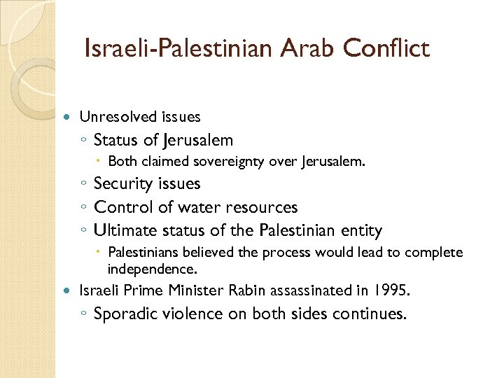 Israeli-Palestinian Arab Conflict Unresolved issues ◦ Status of Jerusalem Both claimed sovereignty over Jerusalem.